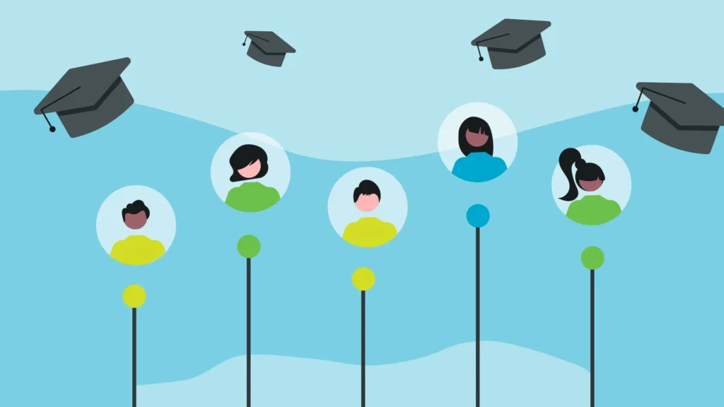 illustration of 5 college grads on a line graph