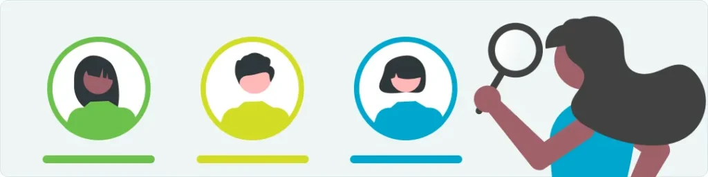 A flat illustration of a talent manager with a magnifying glass reviewing 3 potential successors
