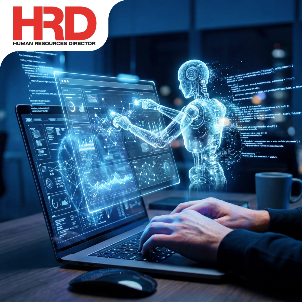 HRD article feature image of human hands at laptop with digital robot figure managing tasks on screens